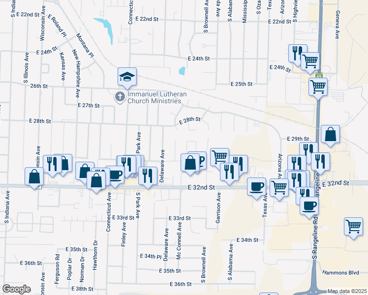 map of restaurants, bars, coffee shops, grocery stores, and more near 2909 South Patterson Avenue in Joplin