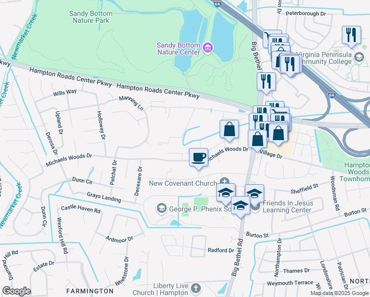 map of restaurants, bars, coffee shops, grocery stores, and more near 202 Ridge Wood Drive in Hampton
