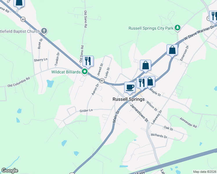 map of restaurants, bars, coffee shops, grocery stores, and more near West Steve Wariner Drive in Russell Springs