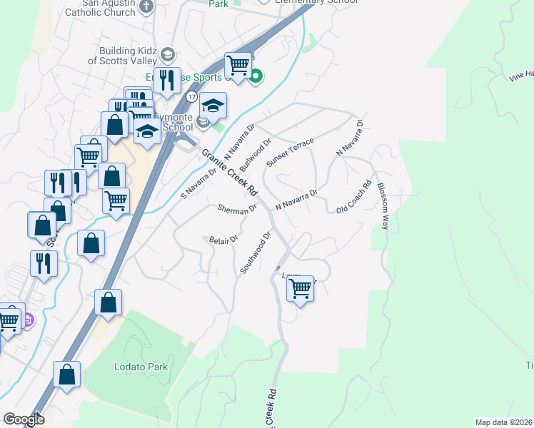map of restaurants, bars, coffee shops, grocery stores, and more near 2938 Granite Creek Road in Scotts Valley