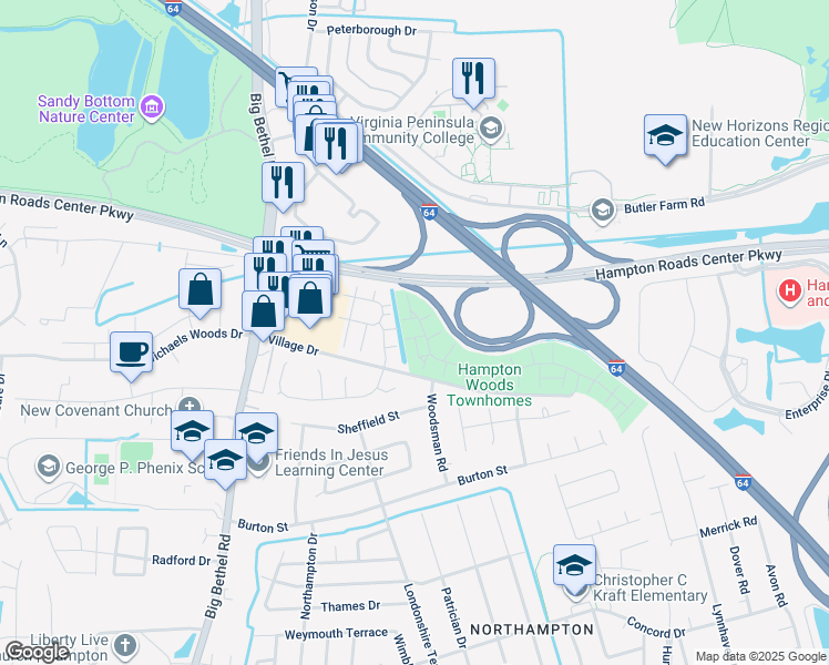 map of restaurants, bars, coffee shops, grocery stores, and more near 8 Mountain Ash Place in Hampton