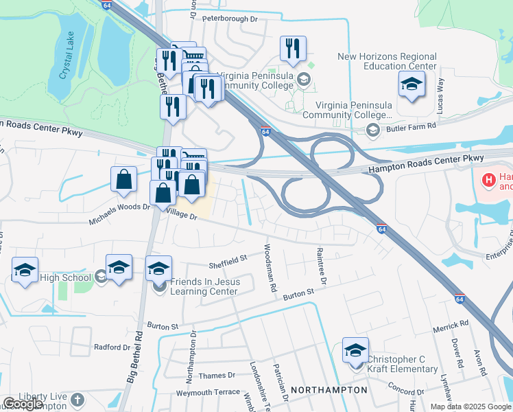 map of restaurants, bars, coffee shops, grocery stores, and more near 8 Mountain Ash Place in Hampton