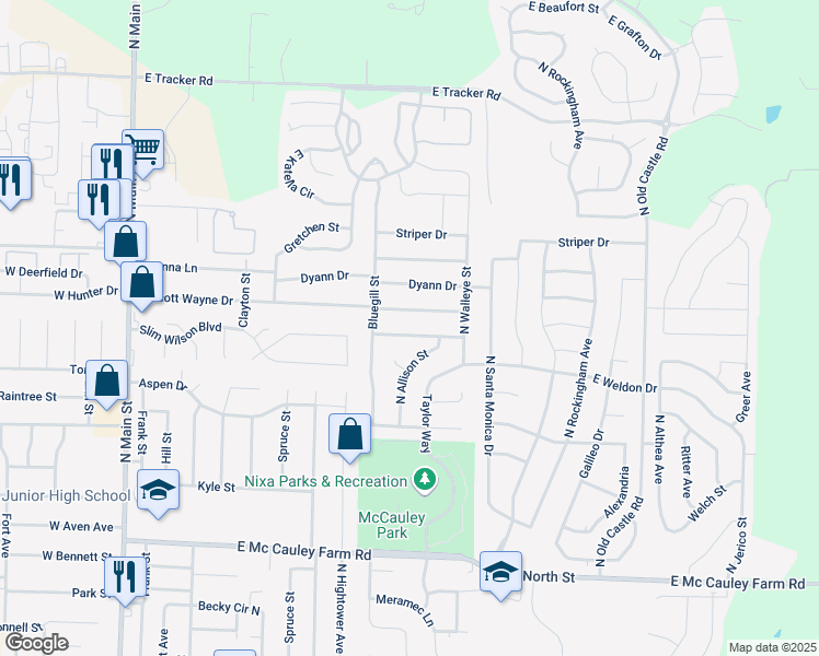 map of restaurants, bars, coffee shops, grocery stores, and more near 768 Bluegill Street in Nixa