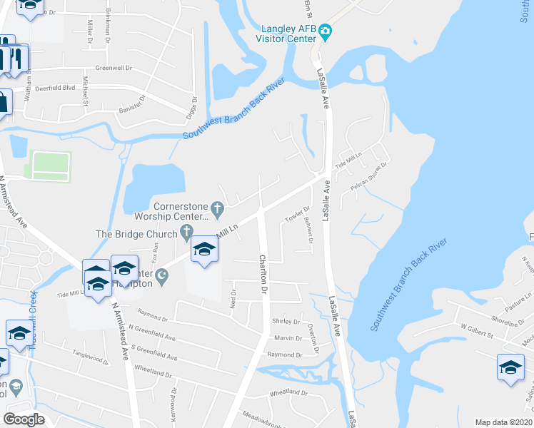 map of restaurants, bars, coffee shops, grocery stores, and more near 616 Charlton Drive in Hampton