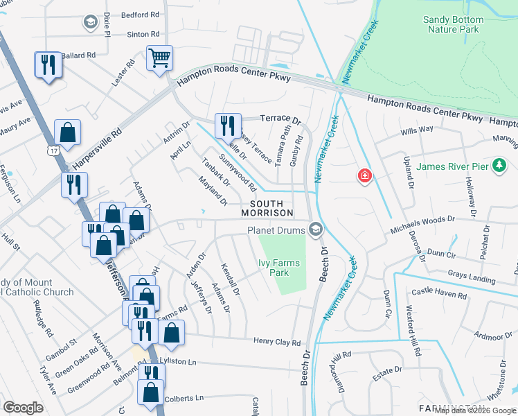 map of restaurants, bars, coffee shops, grocery stores, and more near 723 Dresden Drive in Newport News