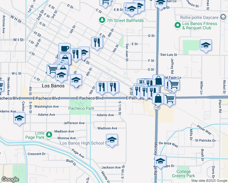 map of restaurants, bars, coffee shops, grocery stores, and more near 1025 I Street in Los Banos