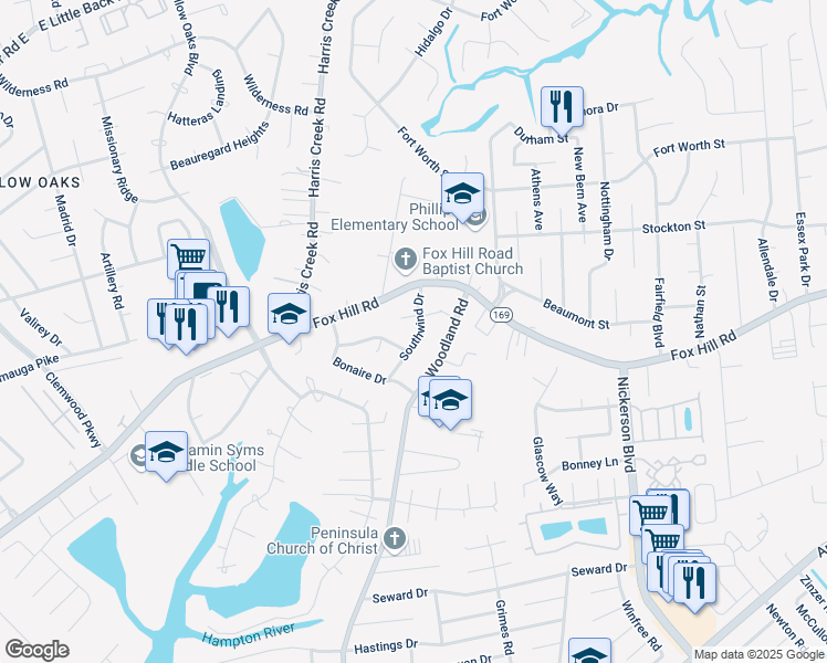 map of restaurants, bars, coffee shops, grocery stores, and more near 21 Winnard Road in Hampton