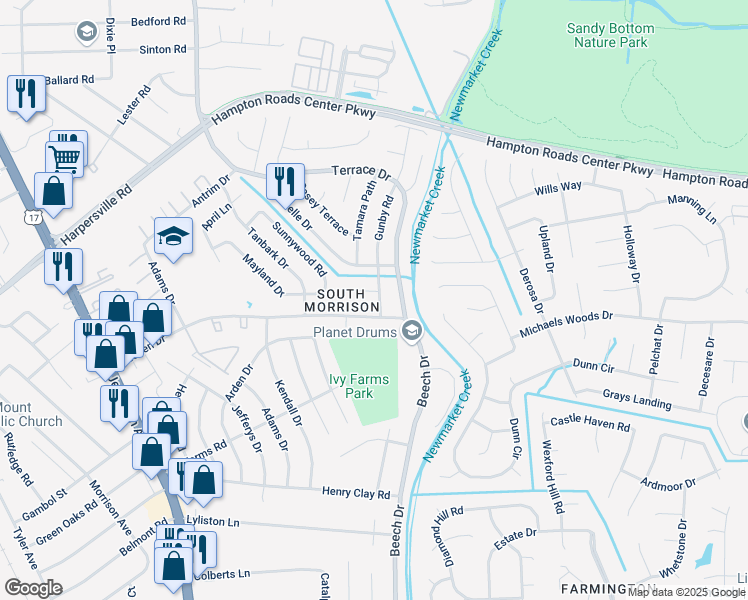 map of restaurants, bars, coffee shops, grocery stores, and more near 736 Elliffe Rd in Newport News