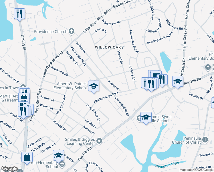 map of restaurants, bars, coffee shops, grocery stores, and more near 213 Clemwood Parkway in Hampton