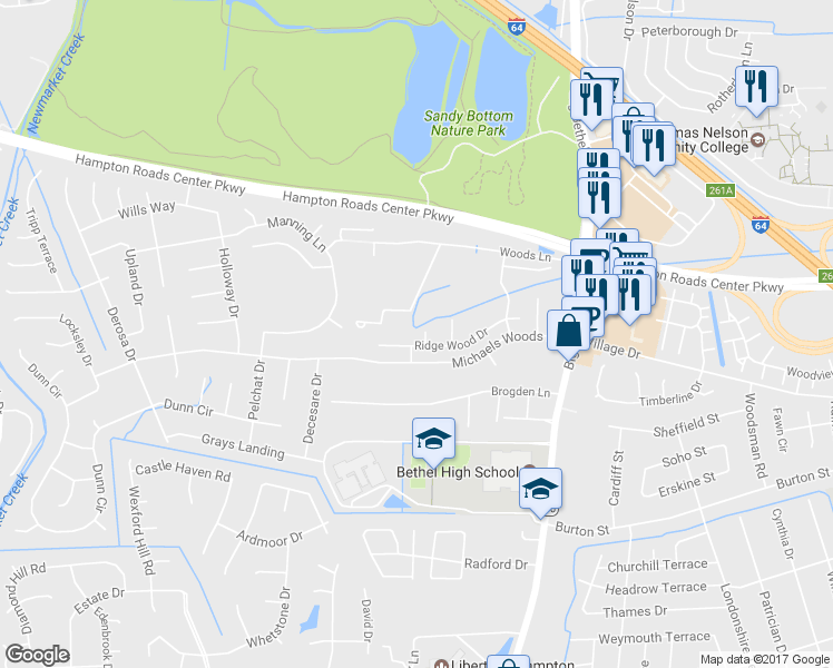 map of restaurants, bars, coffee shops, grocery stores, and more near 209 Burman Wood Drive in Hampton