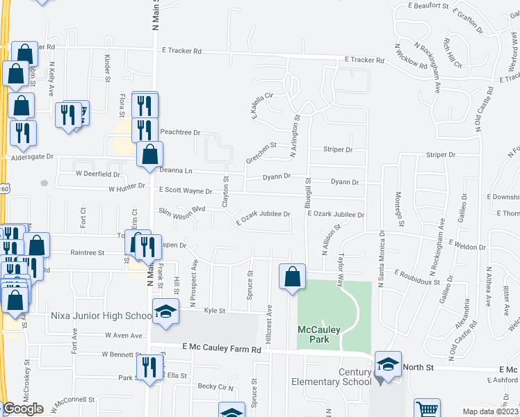 map of restaurants, bars, coffee shops, grocery stores, and more near 505 East Ozark Jubilee in Nixa