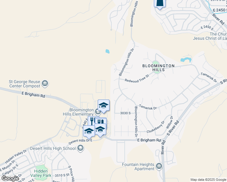 map of restaurants, bars, coffee shops, grocery stores, and more near 1099 Loblolly Circle in St. George