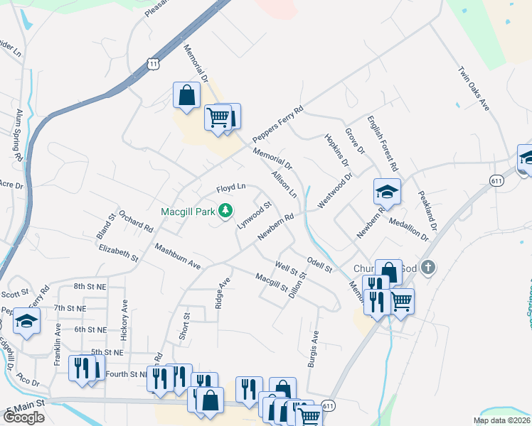 map of restaurants, bars, coffee shops, grocery stores, and more near 1233 Newbern Road in Pulaski