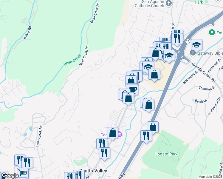 map of restaurants, bars, coffee shops, grocery stores, and more near 81 Grace Way in Scotts Valley