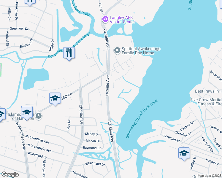 map of restaurants, bars, coffee shops, grocery stores, and more near 26 Pelican Shores Drive in Hampton