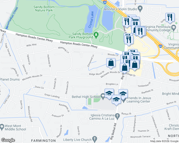 map of restaurants, bars, coffee shops, grocery stores, and more near 211 Birman Wood Drive in Hampton