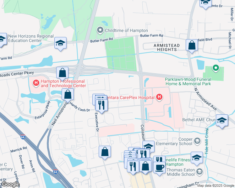 map of restaurants, bars, coffee shops, grocery stores, and more near 1507 Peabody Drive in Hampton