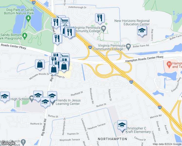 map of restaurants, bars, coffee shops, grocery stores, and more near 9 Hackberry Place in Hampton