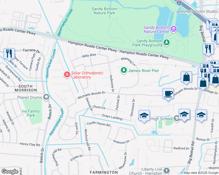 map of restaurants, bars, coffee shops, grocery stores, and more near 114 Michaels Woods Drive in Hampton