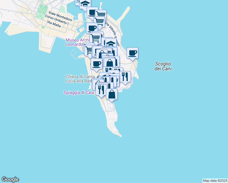 map of restaurants, bars, coffee shops, grocery stores, and more near 33 Via Serafino Privitera in Siracusa