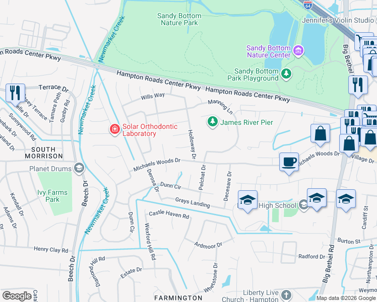 map of restaurants, bars, coffee shops, grocery stores, and more near 114 Michaels Woods Drive in Hampton