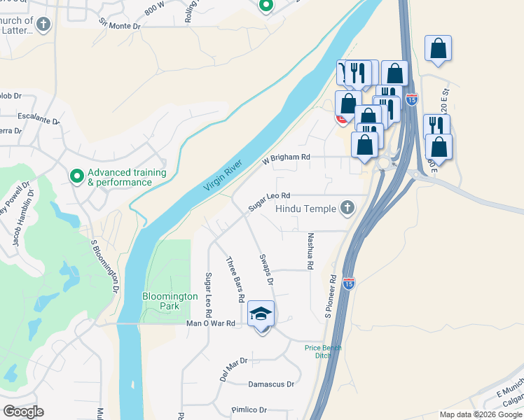 map of restaurants, bars, coffee shops, grocery stores, and more near 417 Sugar Leo Road in St. George