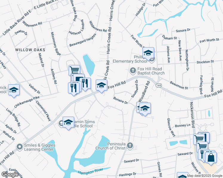 map of restaurants, bars, coffee shops, grocery stores, and more near 290 Fox Hill Road in Hampton