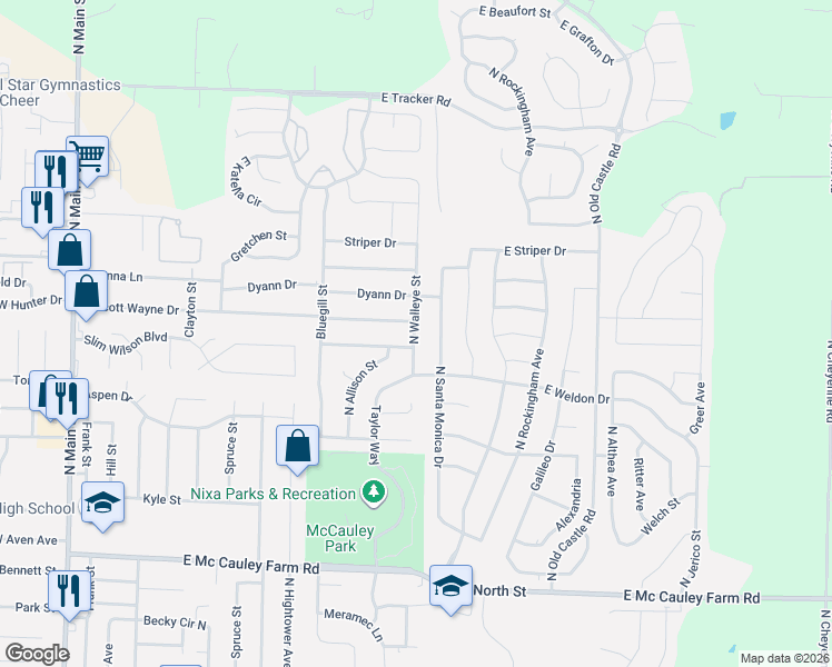 map of restaurants, bars, coffee shops, grocery stores, and more near 758 Walleye Street in Nixa