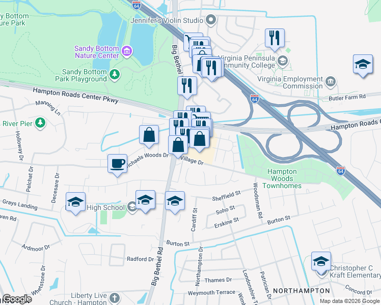 map of restaurants, bars, coffee shops, grocery stores, and more near 1114 Big Bethel Road in Hampton