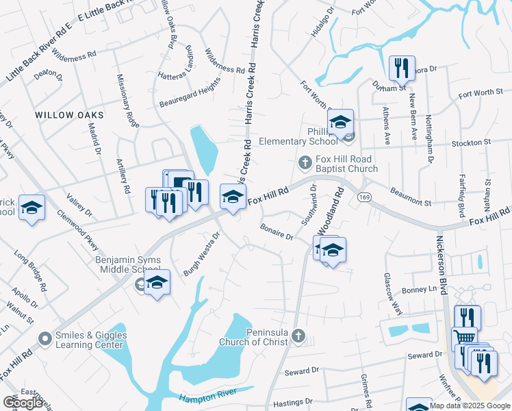 map of restaurants, bars, coffee shops, grocery stores, and more near 290 Fox Hill Road in Hampton
