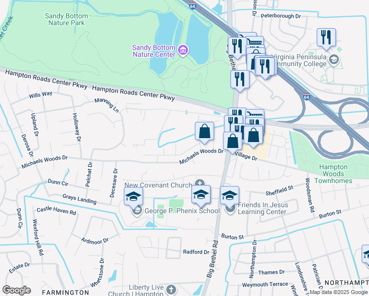map of restaurants, bars, coffee shops, grocery stores, and more near 46 Ridge Wood Drive in Hampton
