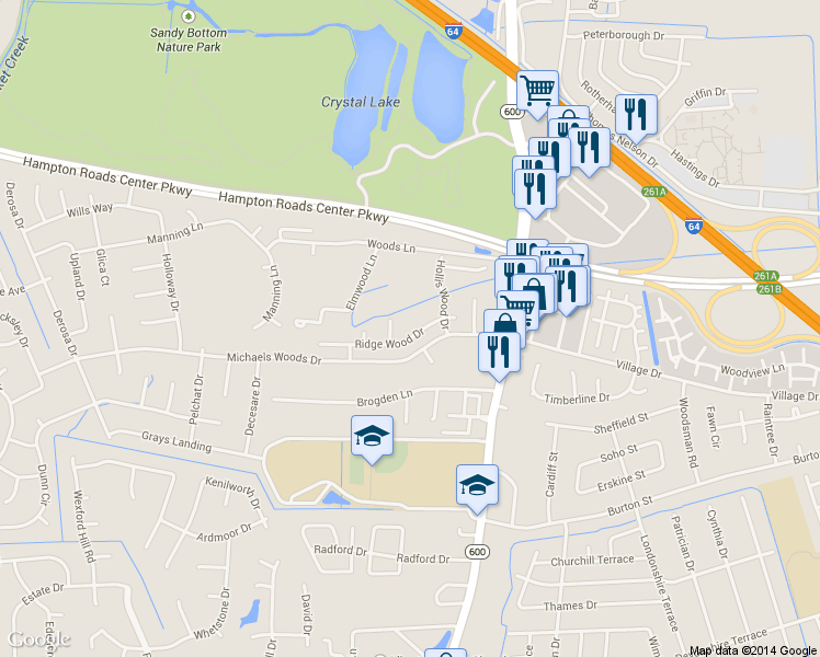 map of restaurants, bars, coffee shops, grocery stores, and more near 46 Ridge Wood Drive in Hampton