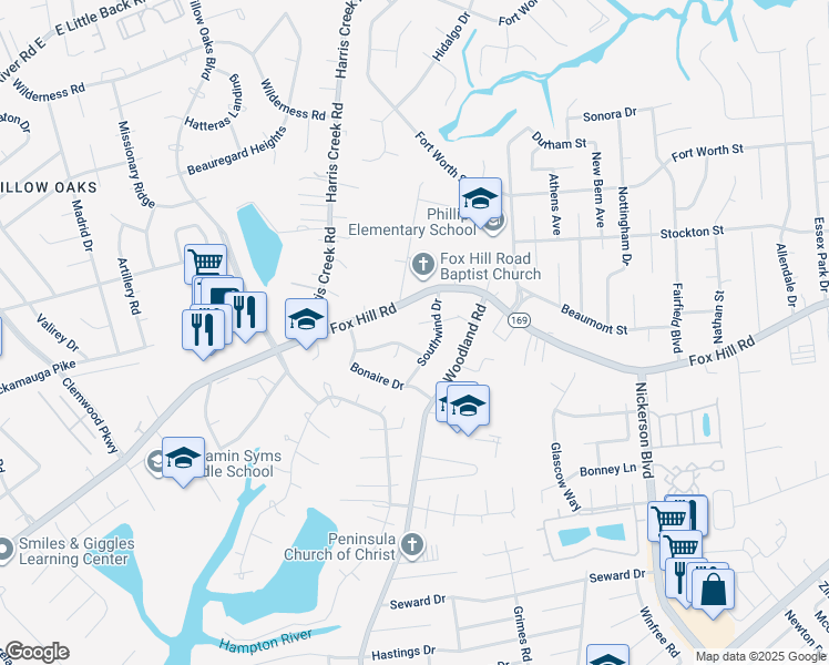 map of restaurants, bars, coffee shops, grocery stores, and more near 5 Hallmark Place in Hampton
