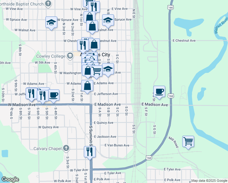 map of restaurants, bars, coffee shops, grocery stores, and more near 411 East Jefferson Avenue in Arkansas City