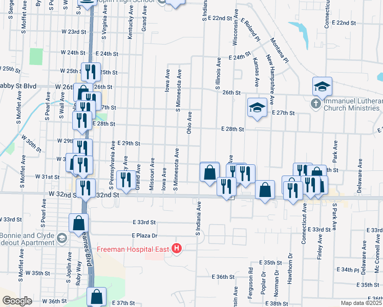 map of restaurants, bars, coffee shops, grocery stores, and more near 2921 Ohio Avenue in Joplin