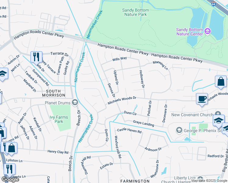 map of restaurants, bars, coffee shops, grocery stores, and more near 202 Upland Drive in Hampton