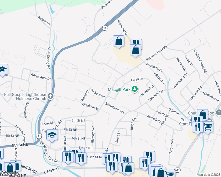 map of restaurants, bars, coffee shops, grocery stores, and more near 60-1022 Floyd Lane in Pulaski