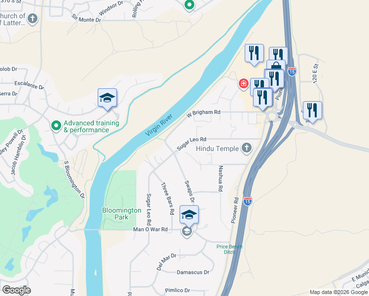 map of restaurants, bars, coffee shops, grocery stores, and more near 447 Sugar Leo Road in St. George