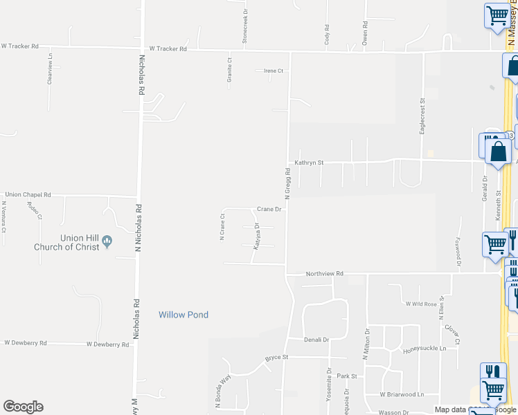 map of restaurants, bars, coffee shops, grocery stores, and more near 1137 Crane Drive in Nixa