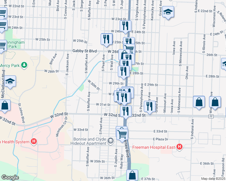map of restaurants, bars, coffee shops, grocery stores, and more near 201-299 West 30th Street in Joplin