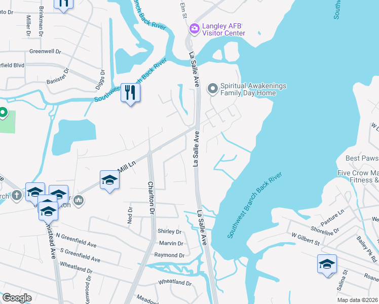 map of restaurants, bars, coffee shops, grocery stores, and more near 11 Towler Drive in Hampton