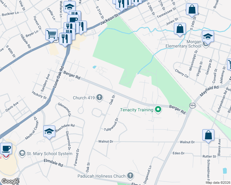 map of restaurants, bars, coffee shops, grocery stores, and more near 501 Berger Road in Paducah