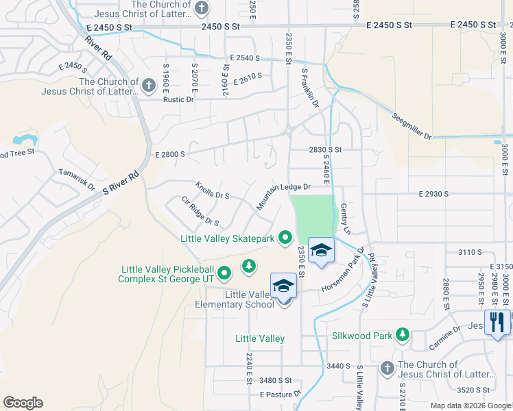 map of restaurants, bars, coffee shops, grocery stores, and more near 2970 Mountain Ledge Drive in St. George