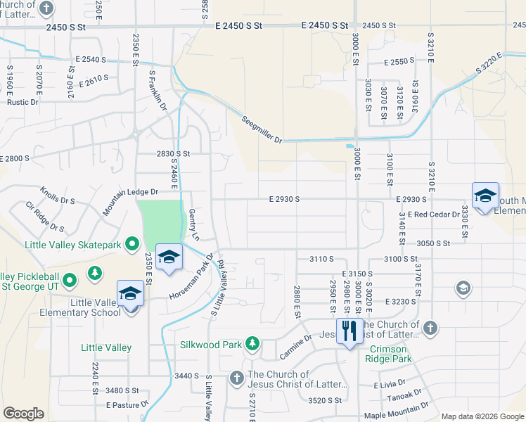 map of restaurants, bars, coffee shops, grocery stores, and more near Willow Tree Lane in St. George