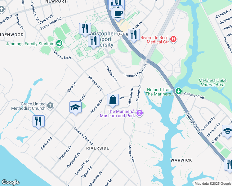 map of restaurants, bars, coffee shops, grocery stores, and more near 406 Mimosa Drive in Newport News