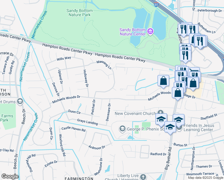 map of restaurants, bars, coffee shops, grocery stores, and more near 371 Manning Lane in Hampton