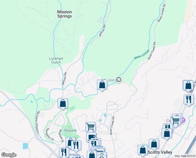 map of restaurants, bars, coffee shops, grocery stores, and more near 358 Green Valley Road in Scotts Valley