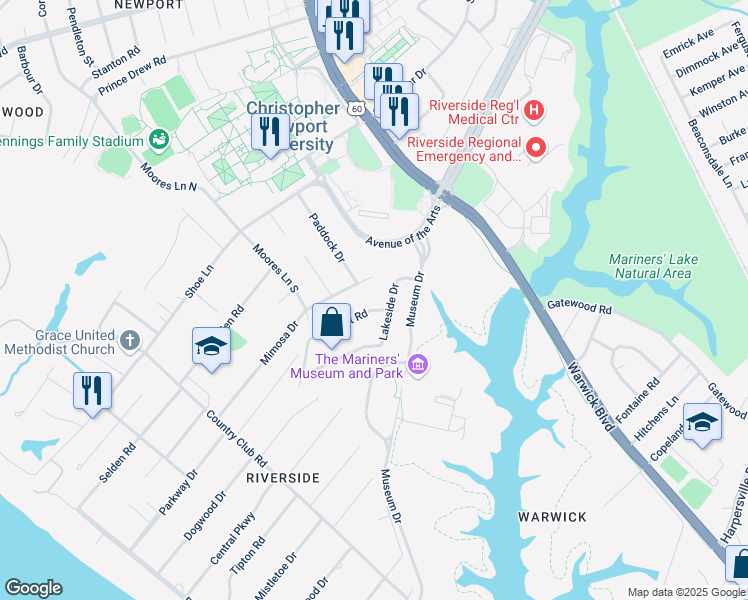 map of restaurants, bars, coffee shops, grocery stores, and more near 1 Sunset Road in Newport News