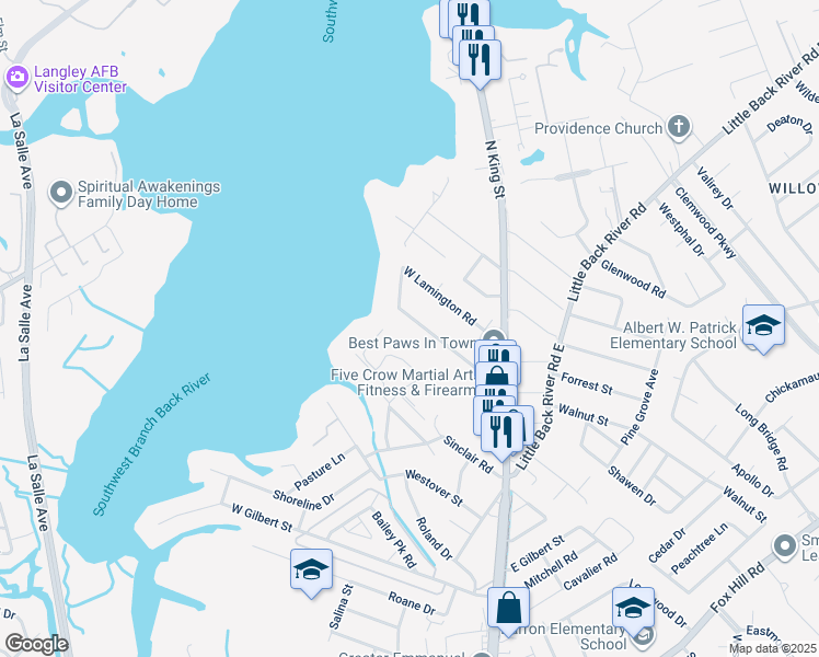 map of restaurants, bars, coffee shops, grocery stores, and more near 36 West Preston Street in Hampton