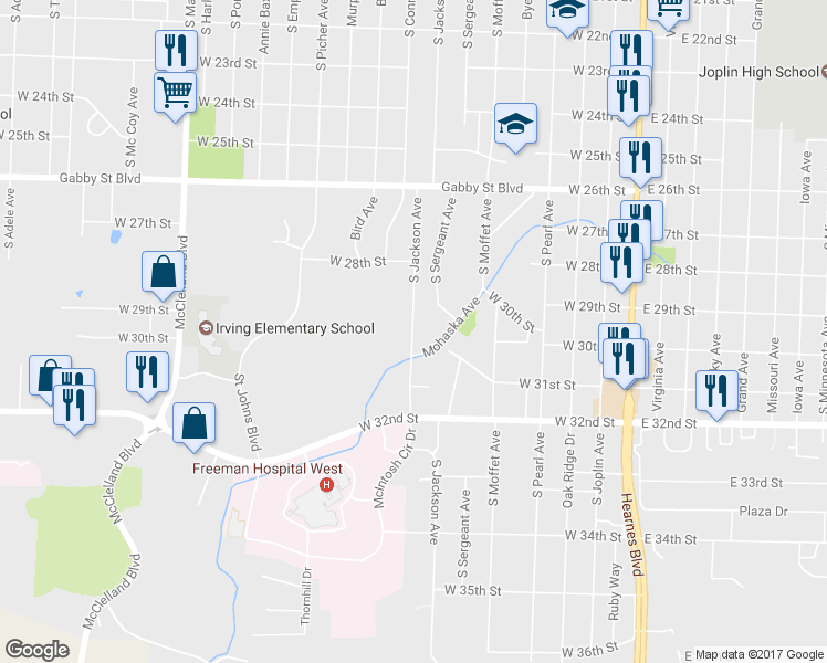 map of restaurants, bars, coffee shops, grocery stores, and more near 2915 South Jackson Avenue in Joplin